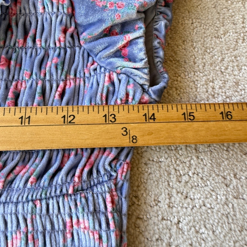 Free People McKenna Velvet Midi Dress Womens XS Blue Pink Floral Smocked Ruffle - Picture 14 of 16